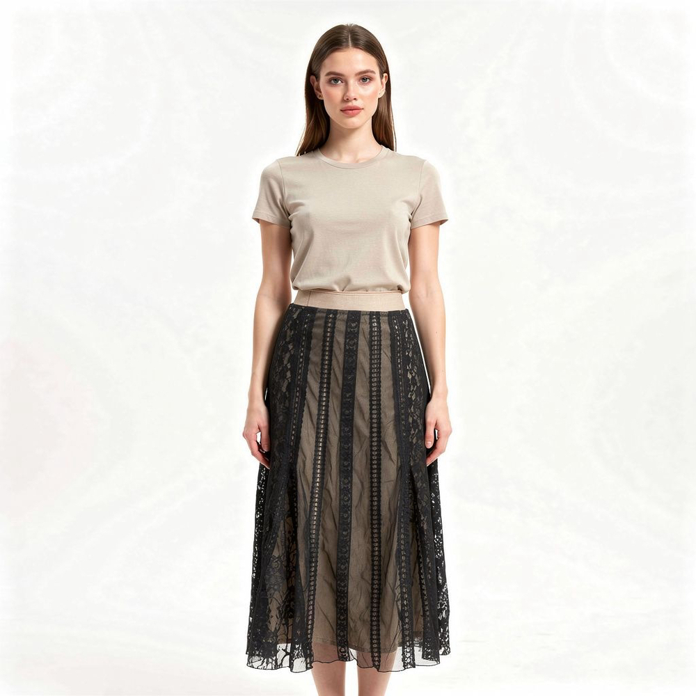 Free People Y2K Vintage Black Beige Lace Midi Skirt - Juniors 3/4 - See Notes